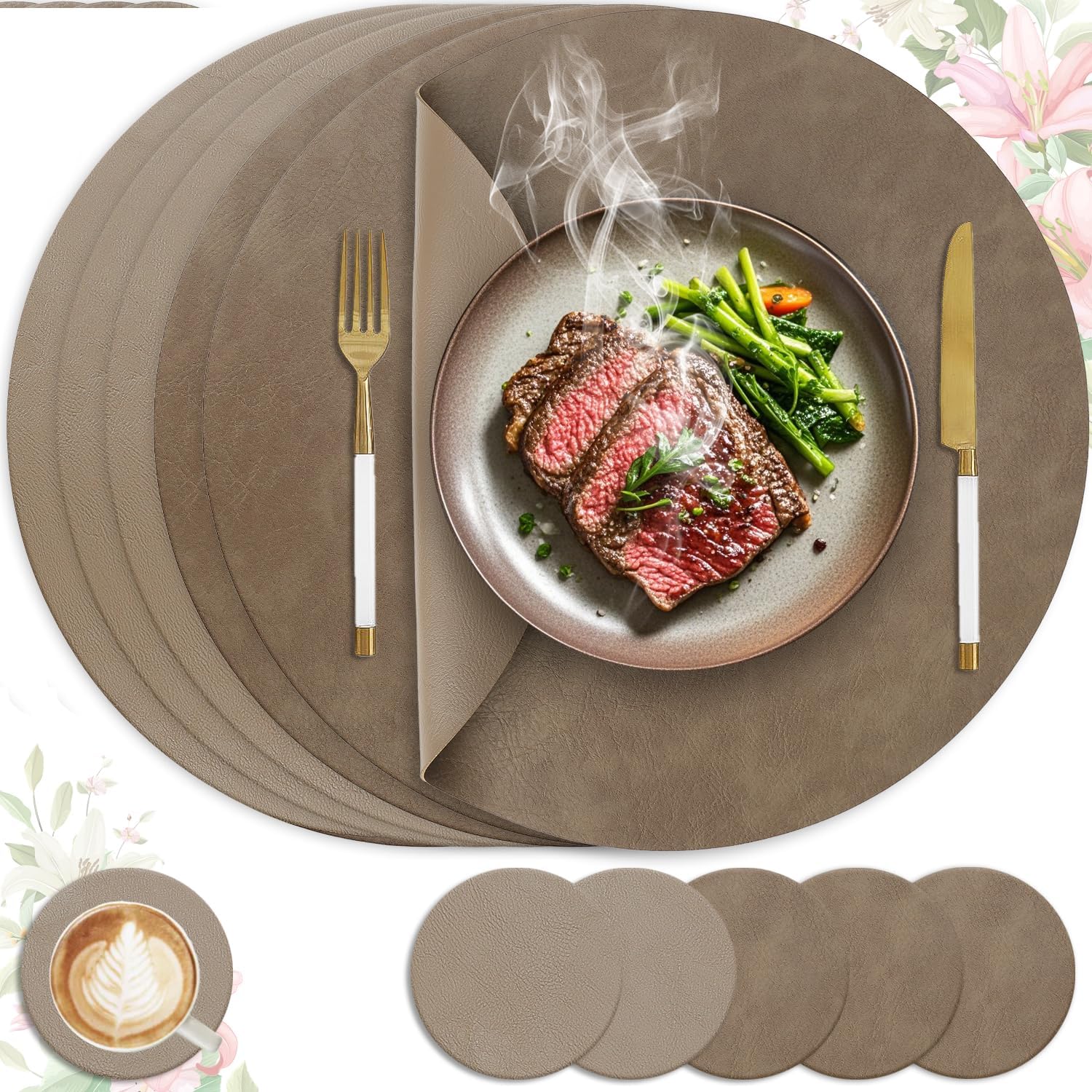 Set de table - lot de 6 double face PU, antidérapants 36x36cm, marron