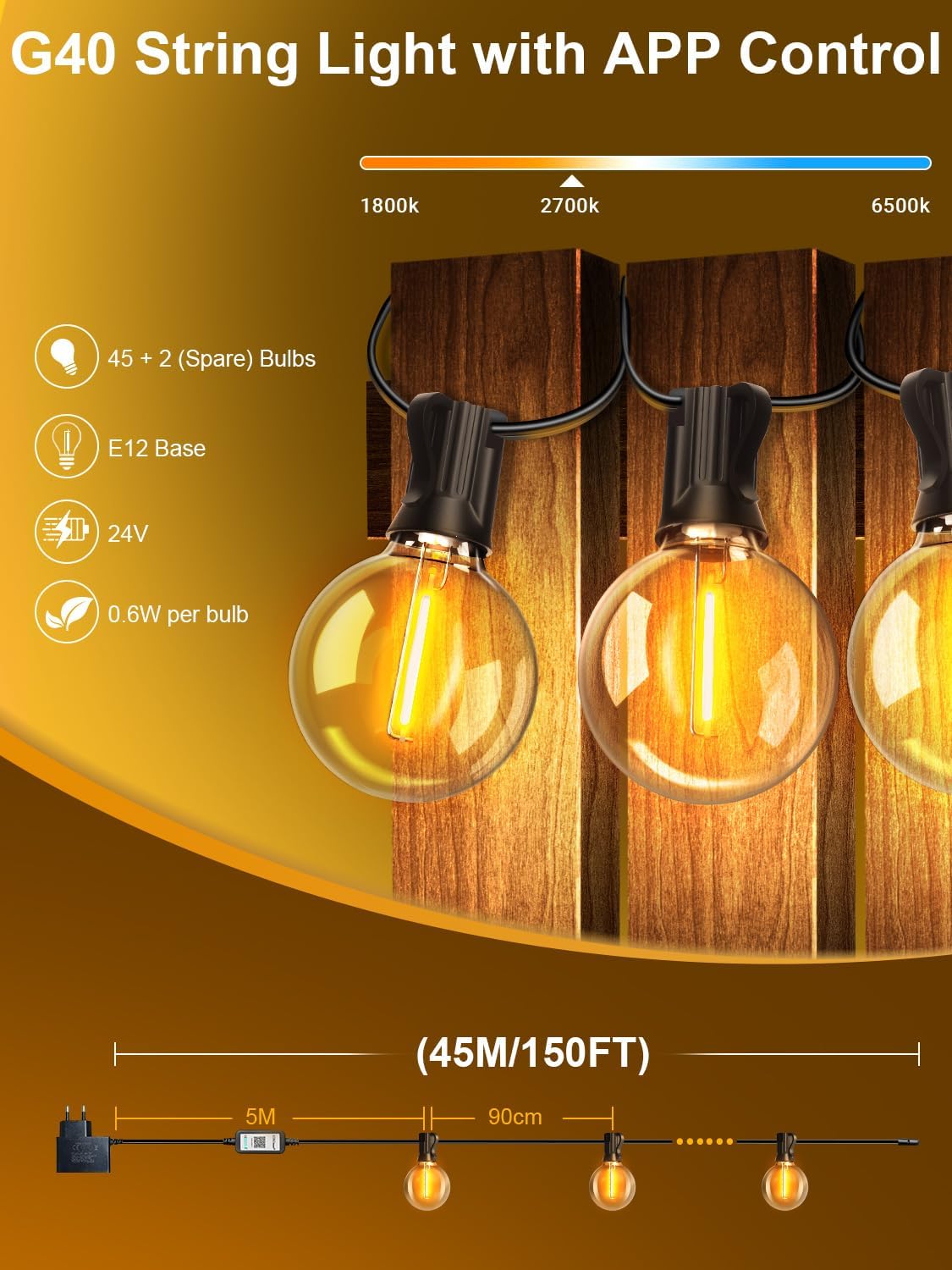 Guirlande lumineuse - dimmable 45m, contrôle APP, IP44, télécommande