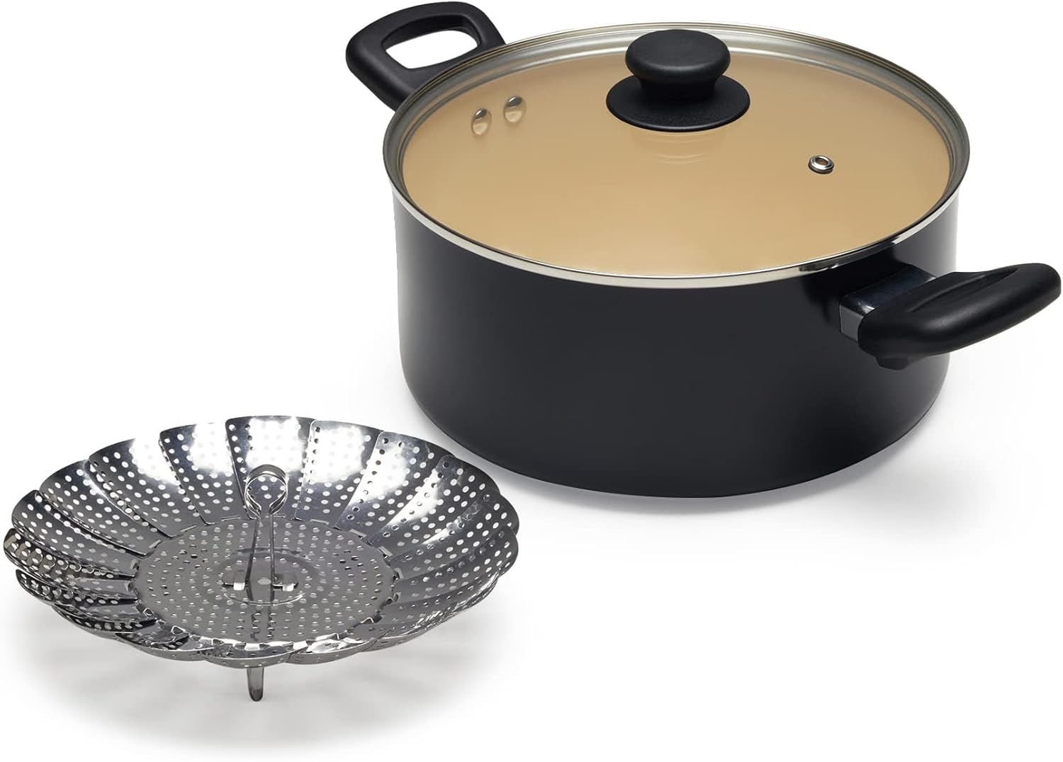 Amazon Basics - Set 11 pièces antiadhésif céramique - noir/crème - casseroles et poêles