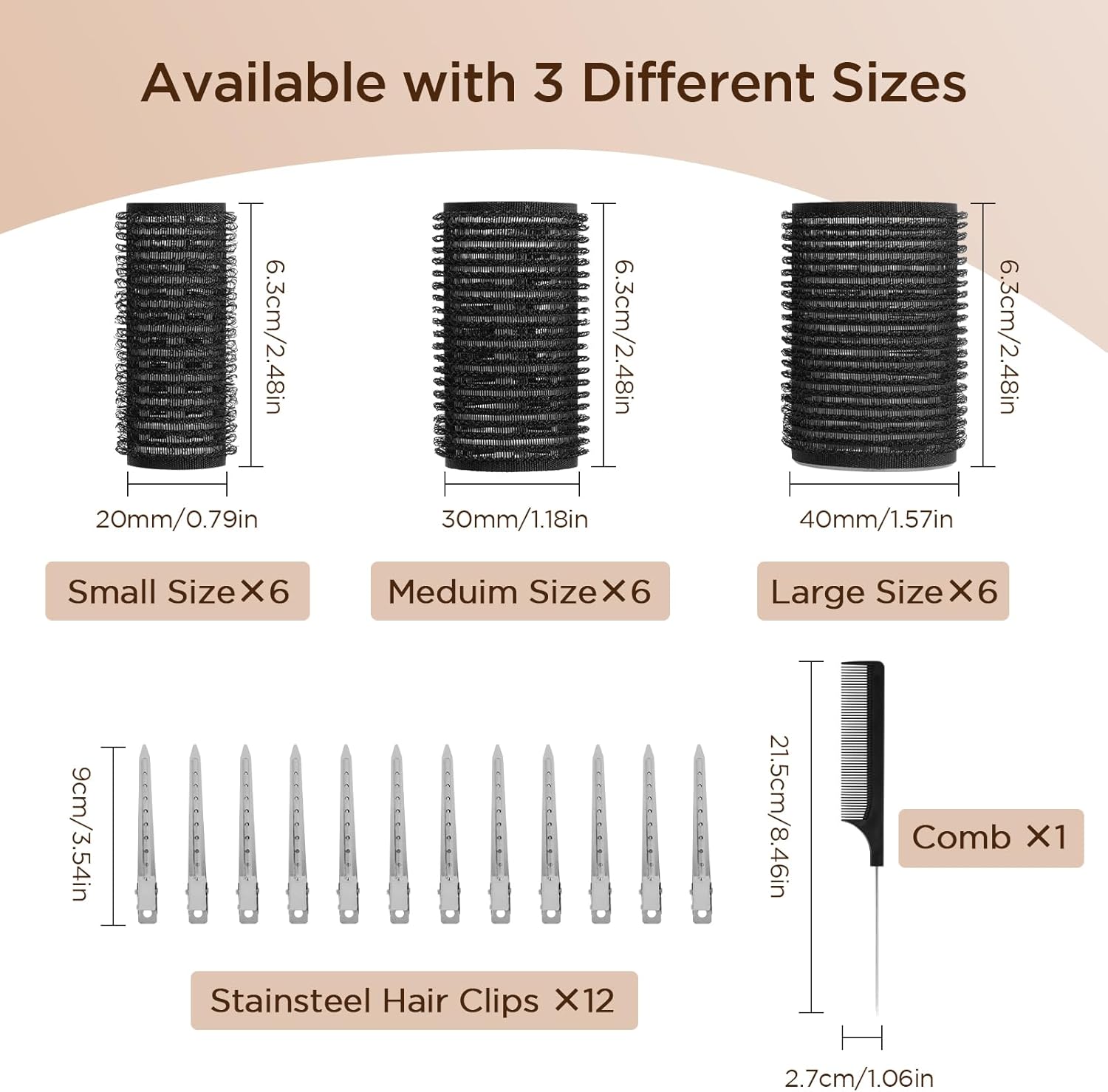 Romon - Bigoudis cheveux set 31 pcs, 3 tailles, pinces, peigne