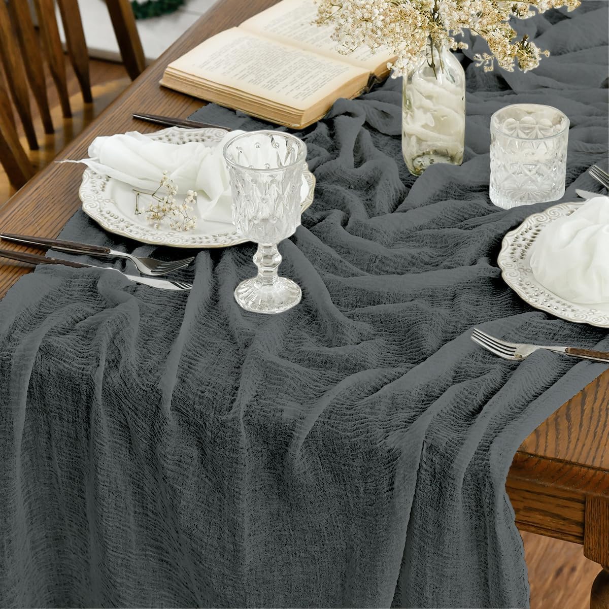 Artoid Mode - Chemins de Table Bohême - 300 cm - mousseline gaze grise, déco table fête