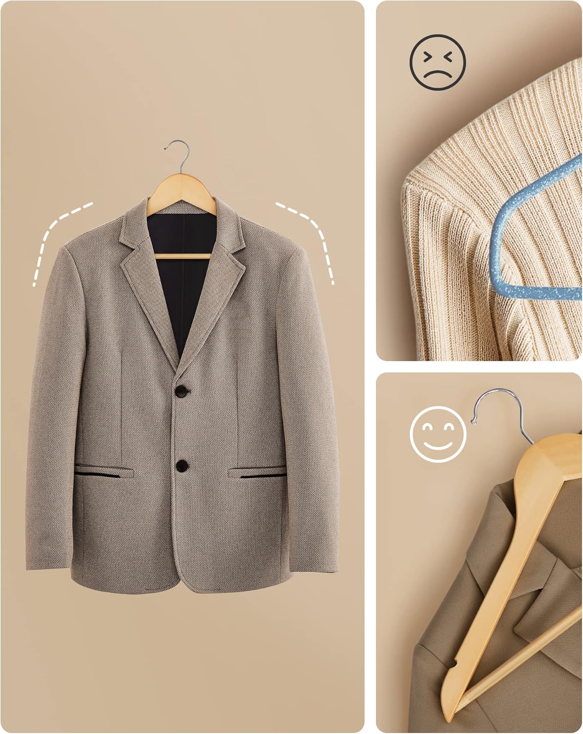 SONGMICS - cintres bois, lot de 50, barre et encoches antiglisse, crochet 360°, CRW001-50