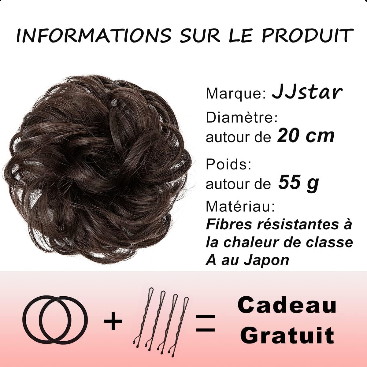 JJstar - Chignon postiche bouclé, élastique, marron foncé, cheveux synthétiques