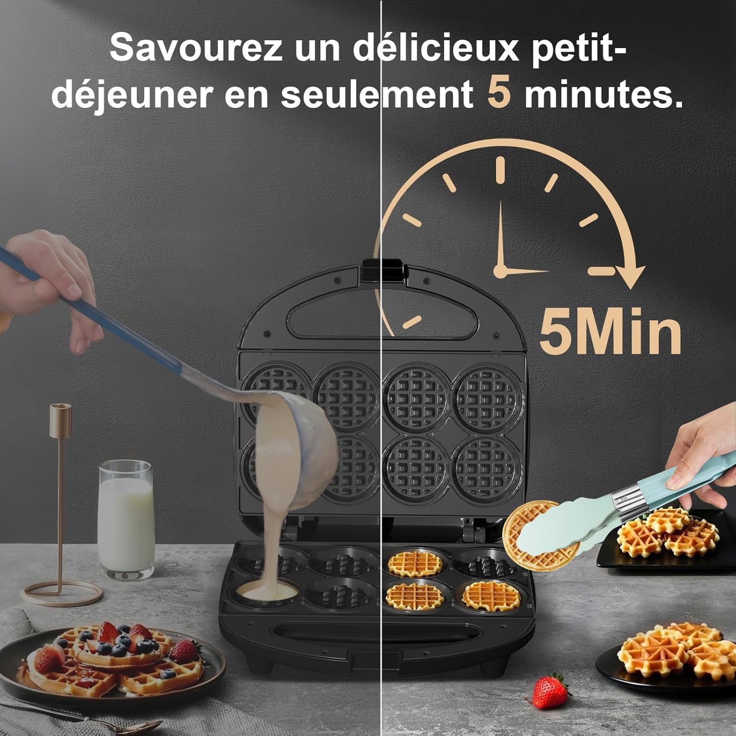 YASHE - Multi Mini gaufrier - 8 x 5 cm - antiadhésif, facile à nettoyer, compact