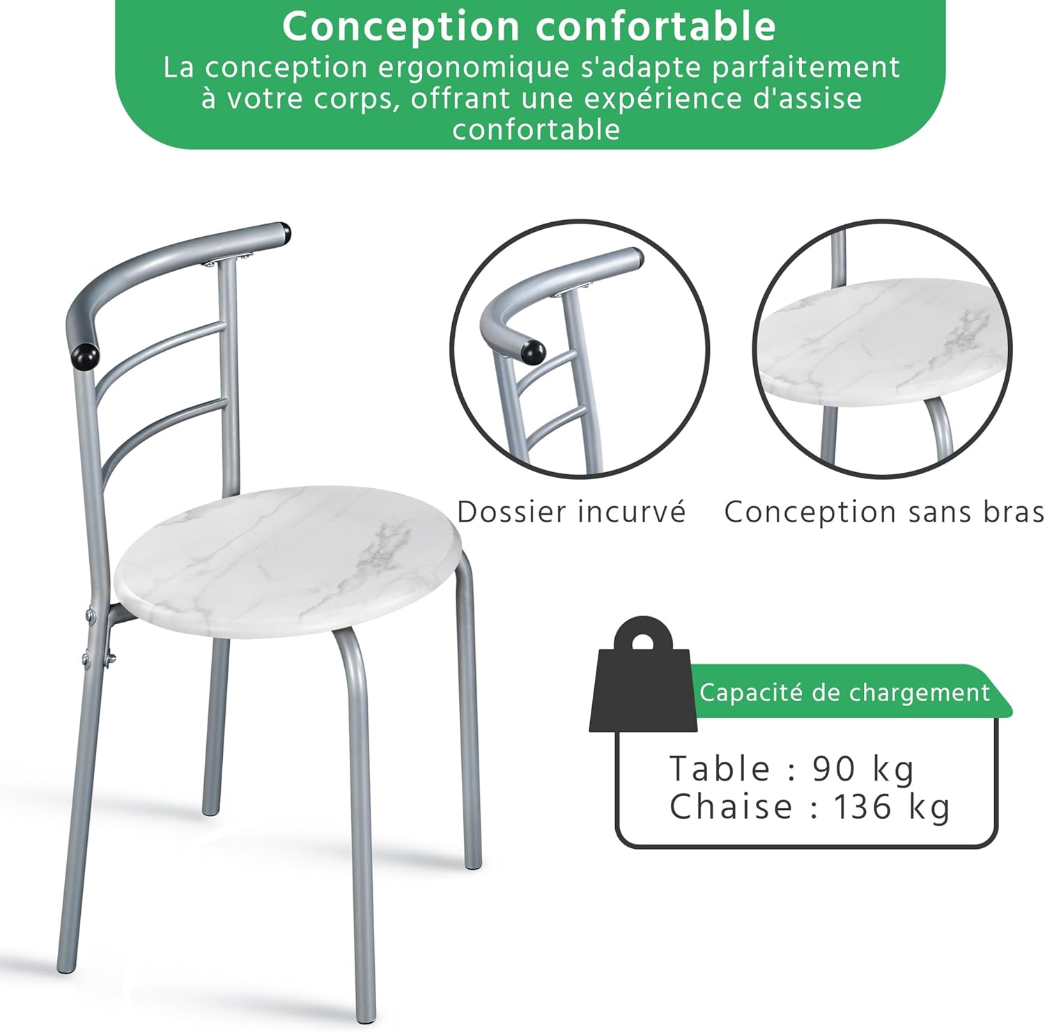 Yaheetech – Ensemble table ronde, 2 chaises, bois MDF, métal, porte-bouteilles, pour petit espace, Studio Blanc