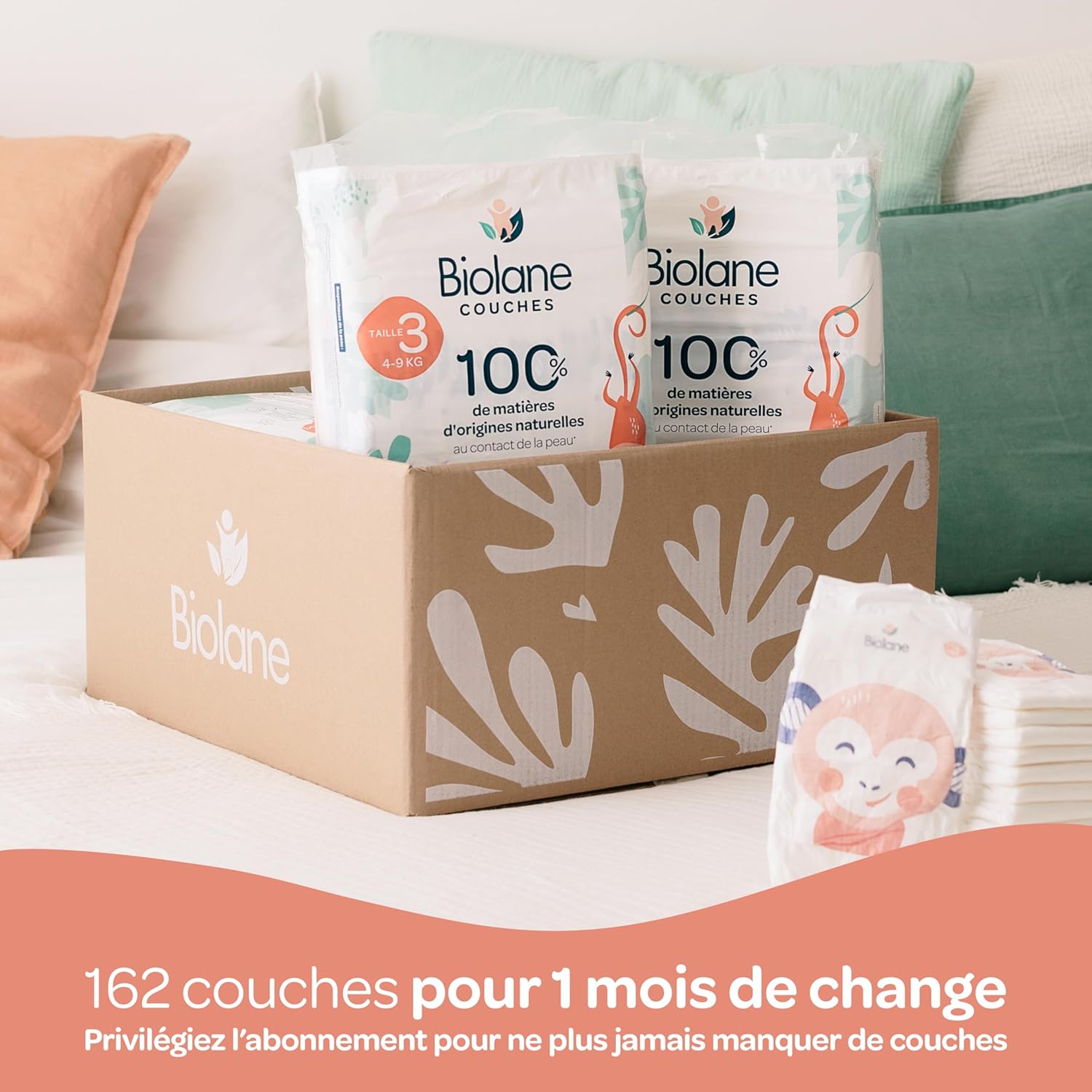 Biolane - couches bébé taille 3 (4-9kg) - ultra-absorbant, 12h au sec, pack 162, fabriqué en France