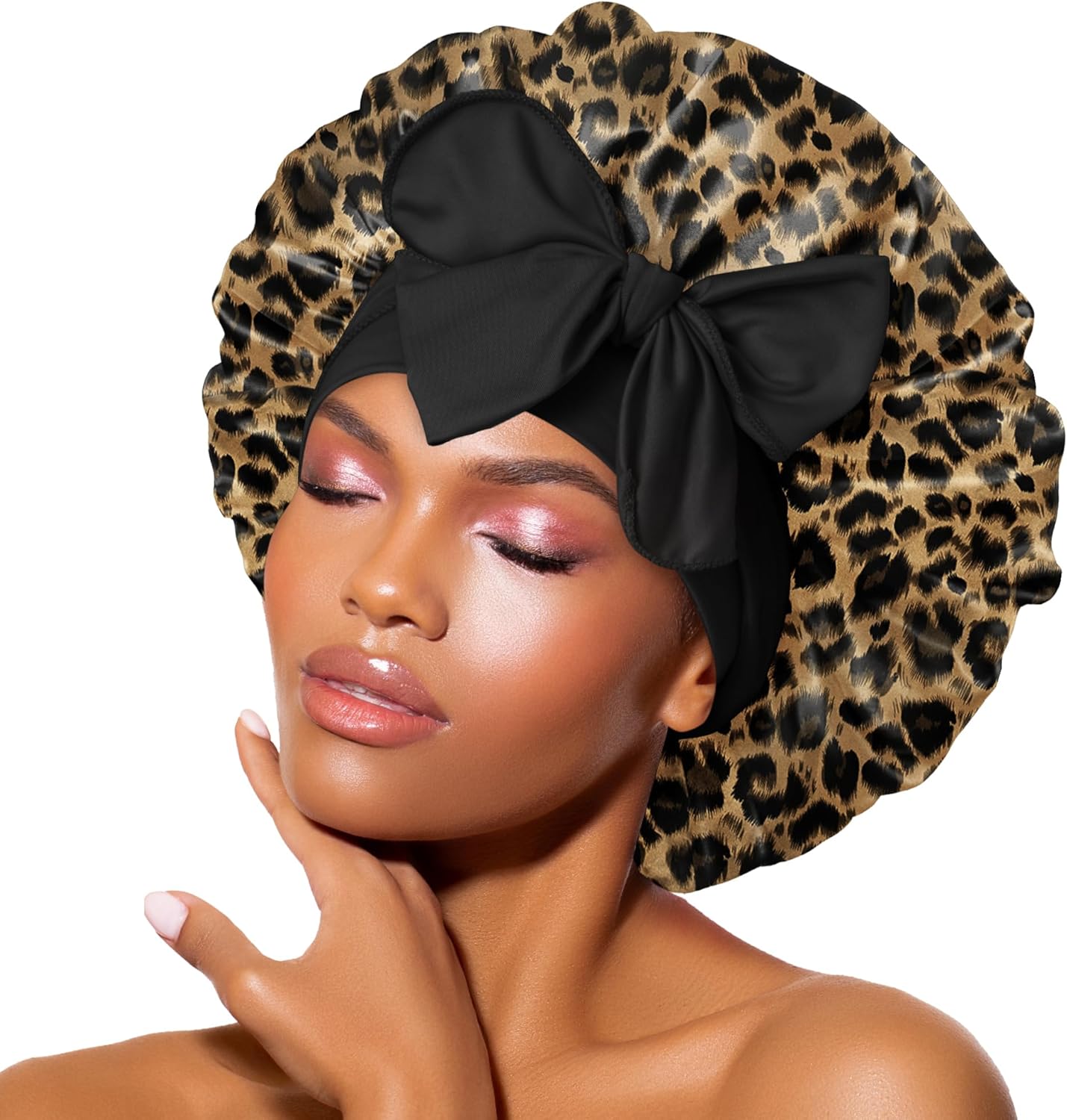 BONNET QUEEN - bonnet satin moyen - ajustable, élastique long, léopard