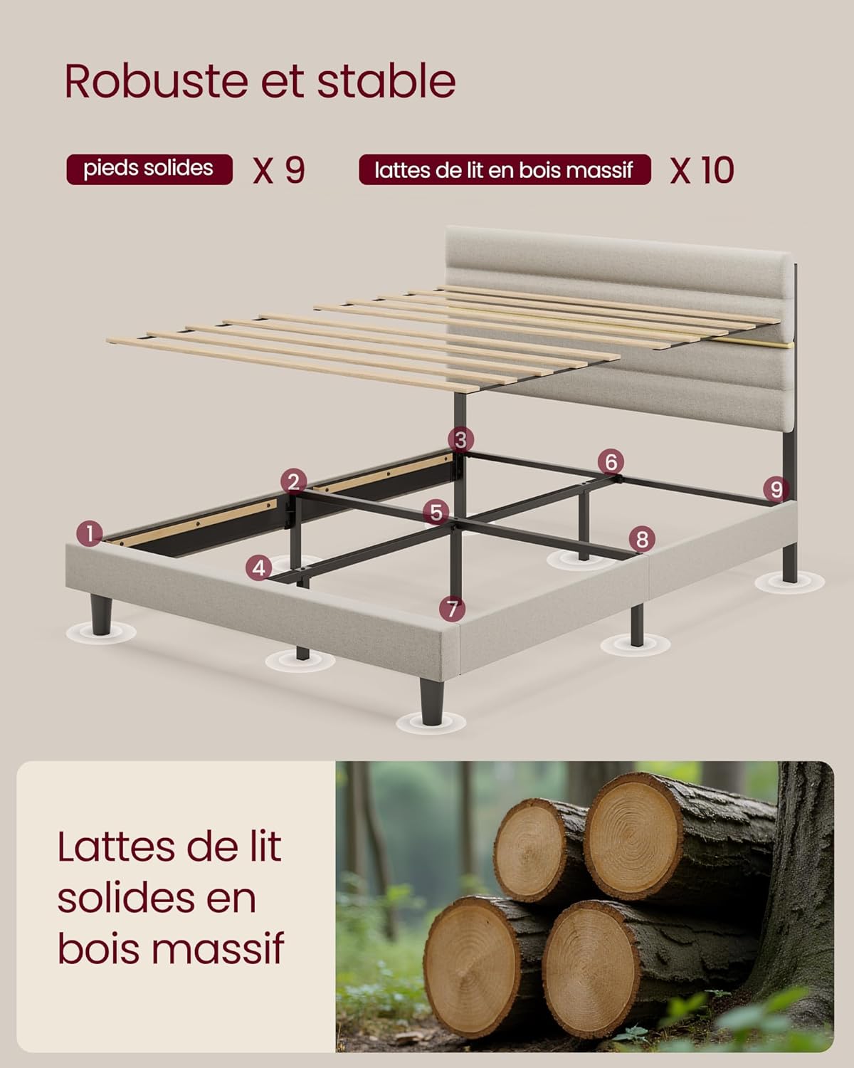 VASAGLE - lit double moderne - 160x200 cm - tête rembourrée ajustable métal bois massif - RMB505LH01