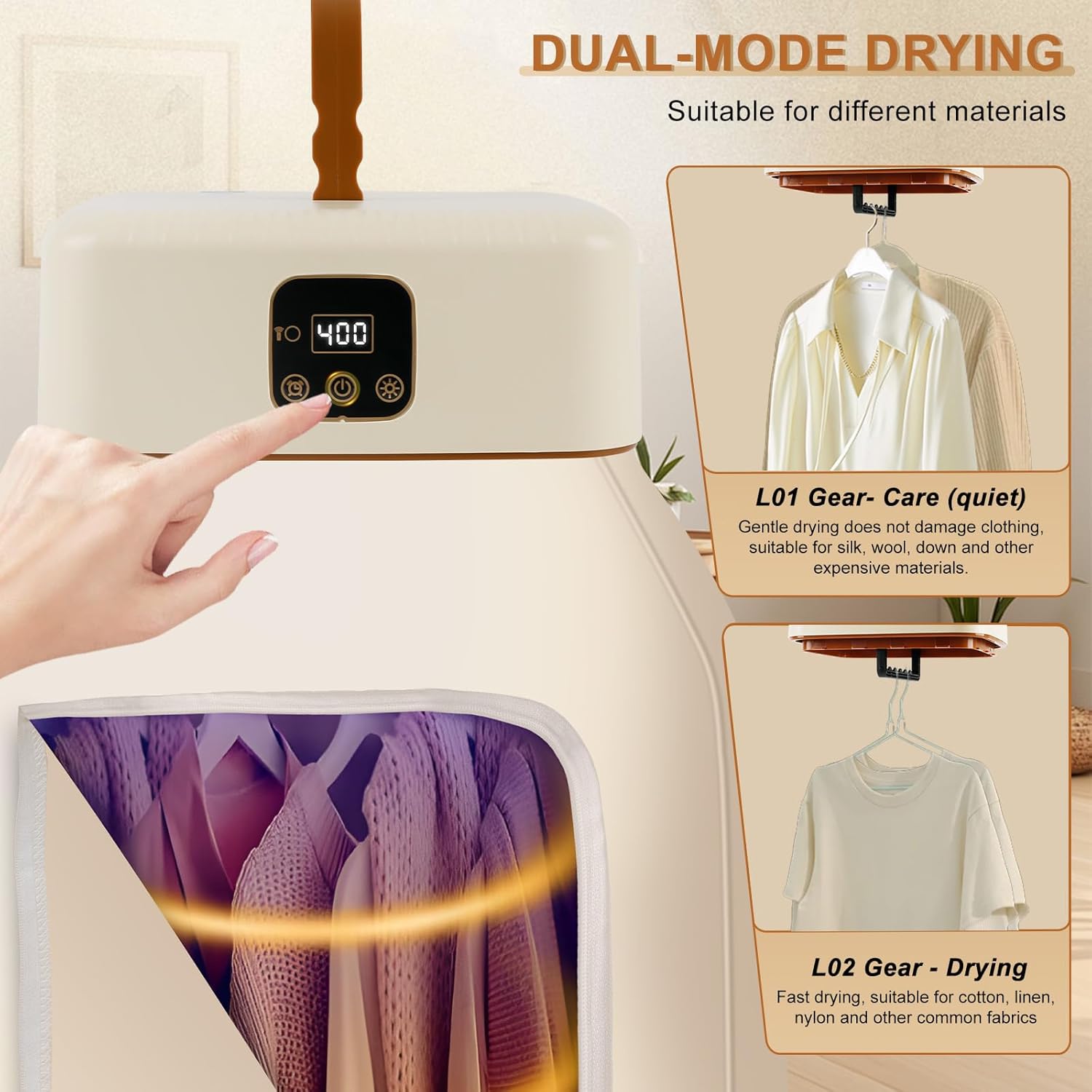 Sèche-linge portable - mini pompe à chaleur, 600 W, UV, sac séchage, minuterie, PTC, affichage LED