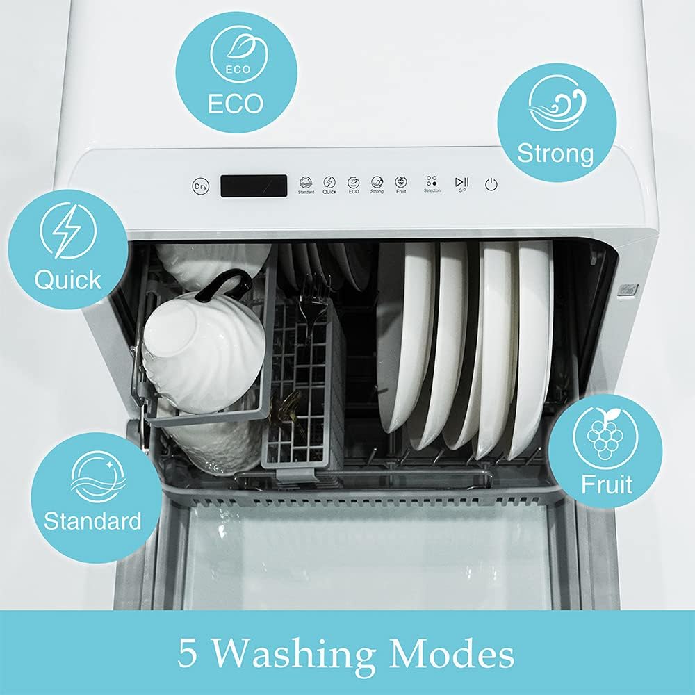 Mini lave-vaisselle de table - 5 programmes, LED, 2 modes eau, blanc