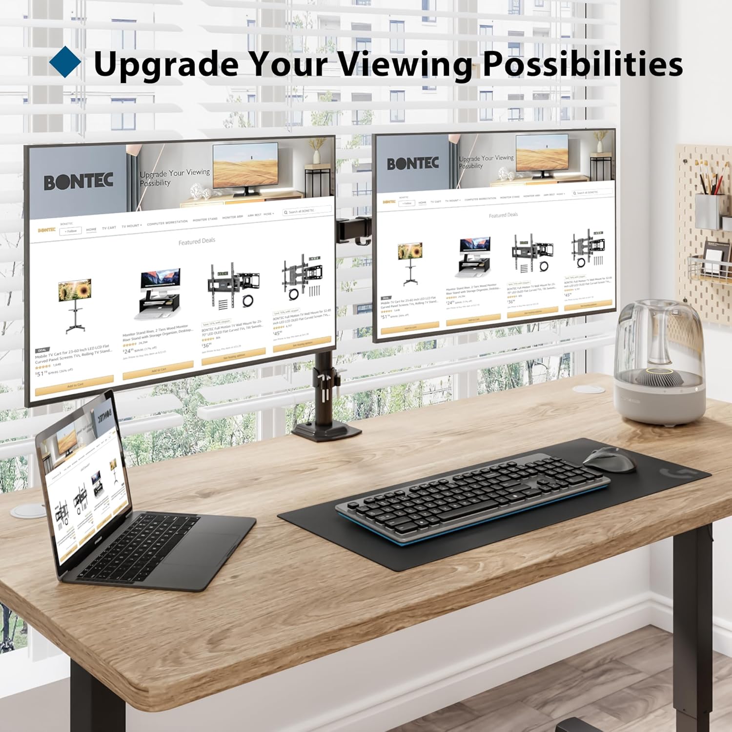 BONTEC - double support écran PC - 13-27 pouces - hauteur réglable, inclinaison, pivot, VESA