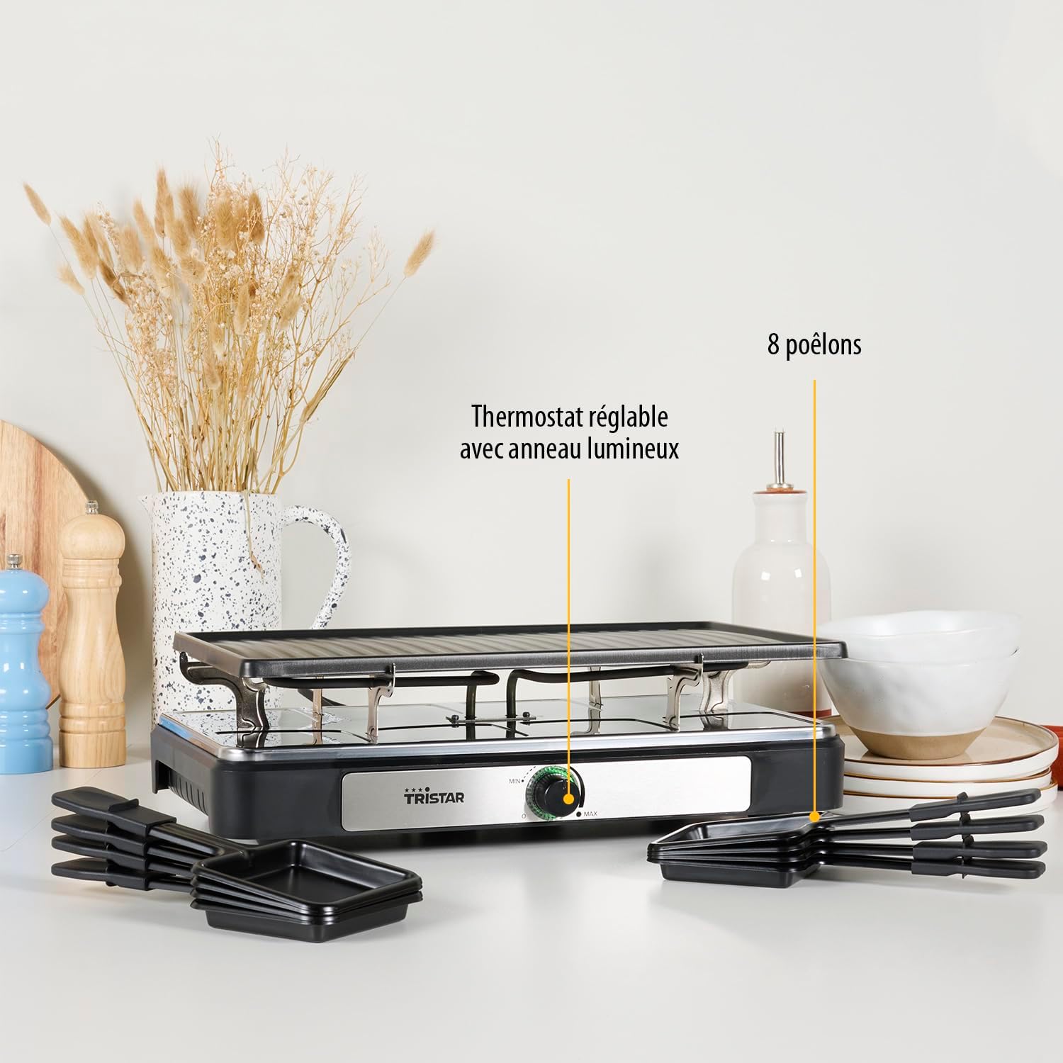 Tristar - Raclette 8 personnes, 42x23 cm, thermostat réglable, RA-2746