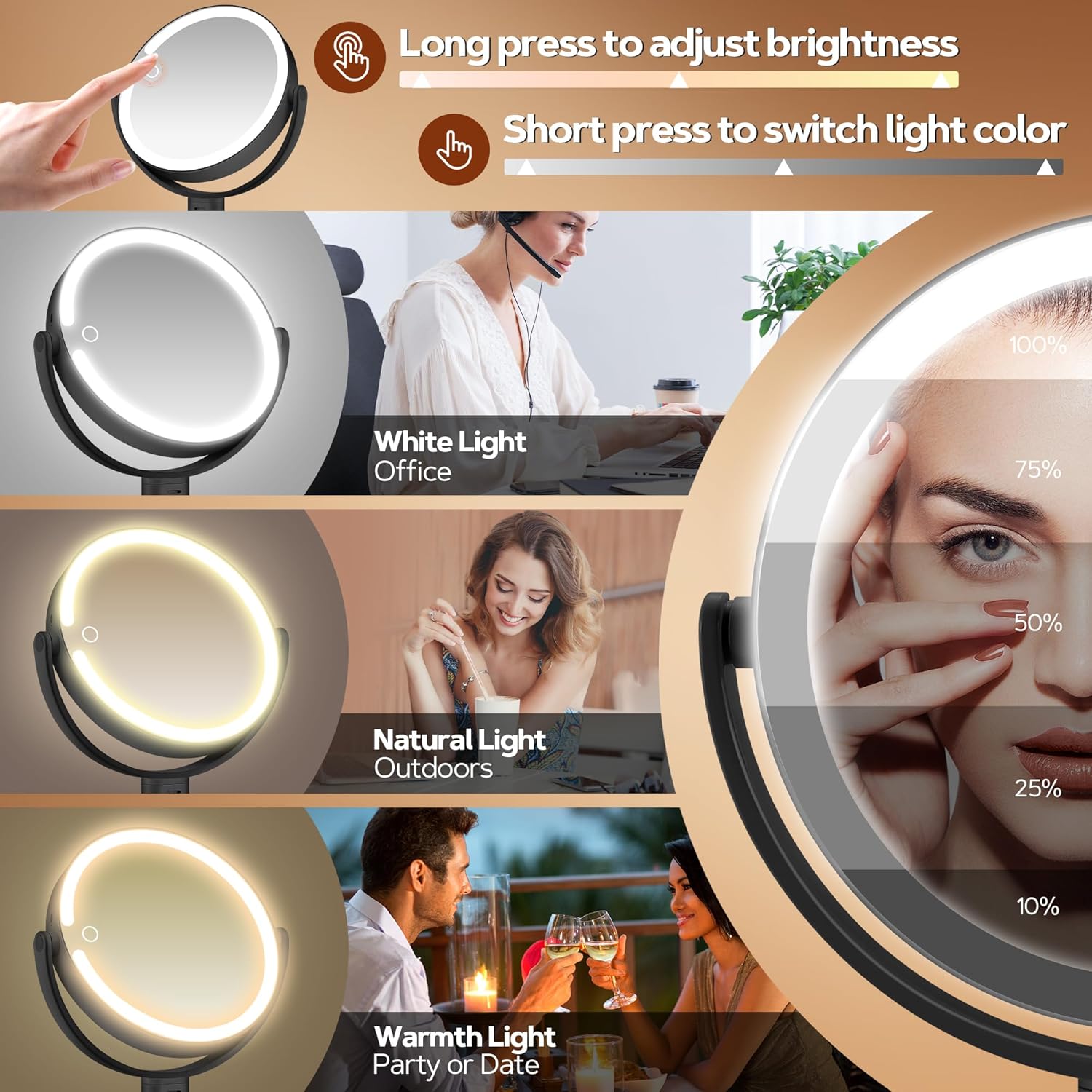 B Beauty Planet – miroir maquillage LED 2 faces, 30X, 3 lumières, hauteur réglable
