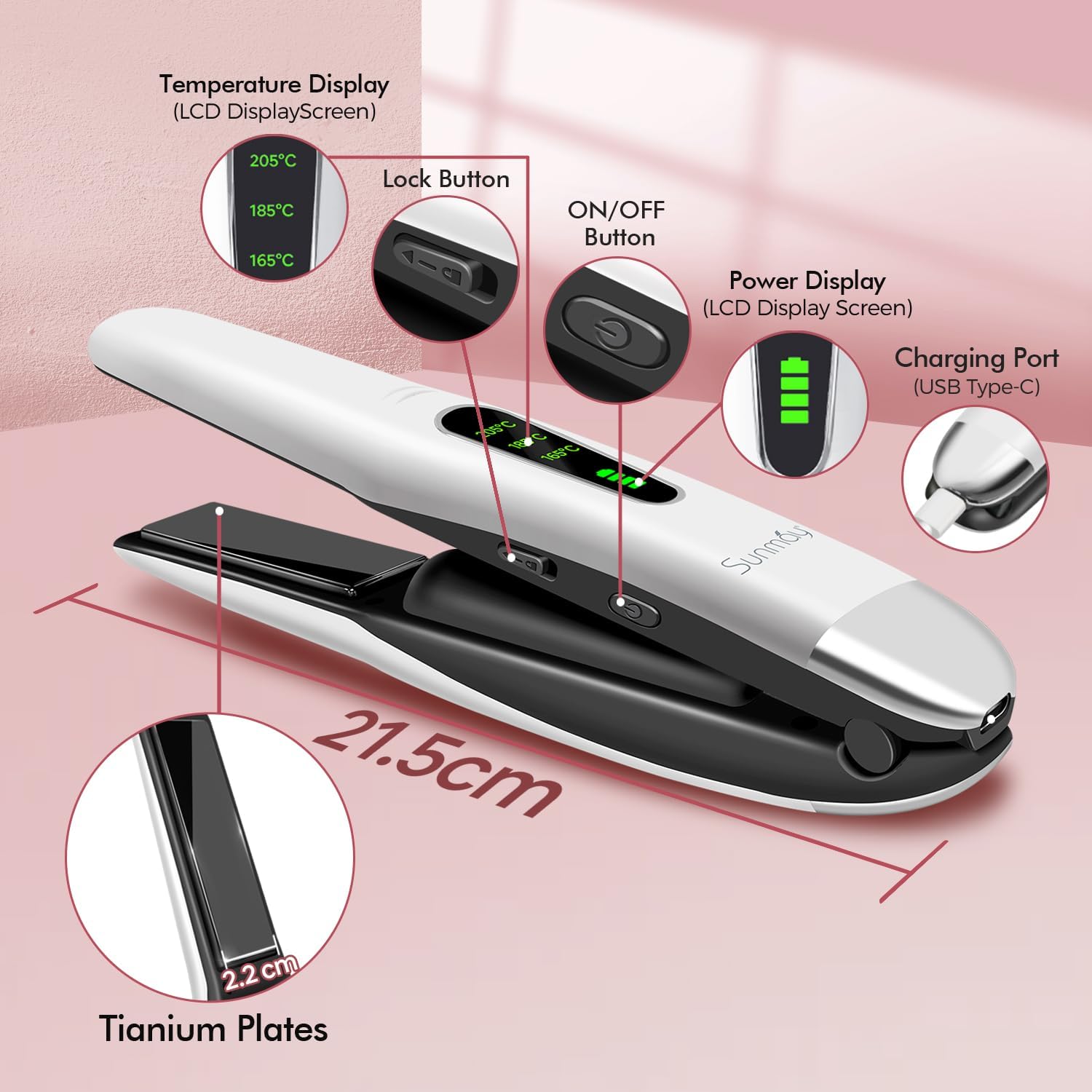 SUNMAY - Voga - mini taille - lisseur boucleur titane, sans fil, 3 T°, USB, 5000mAh
