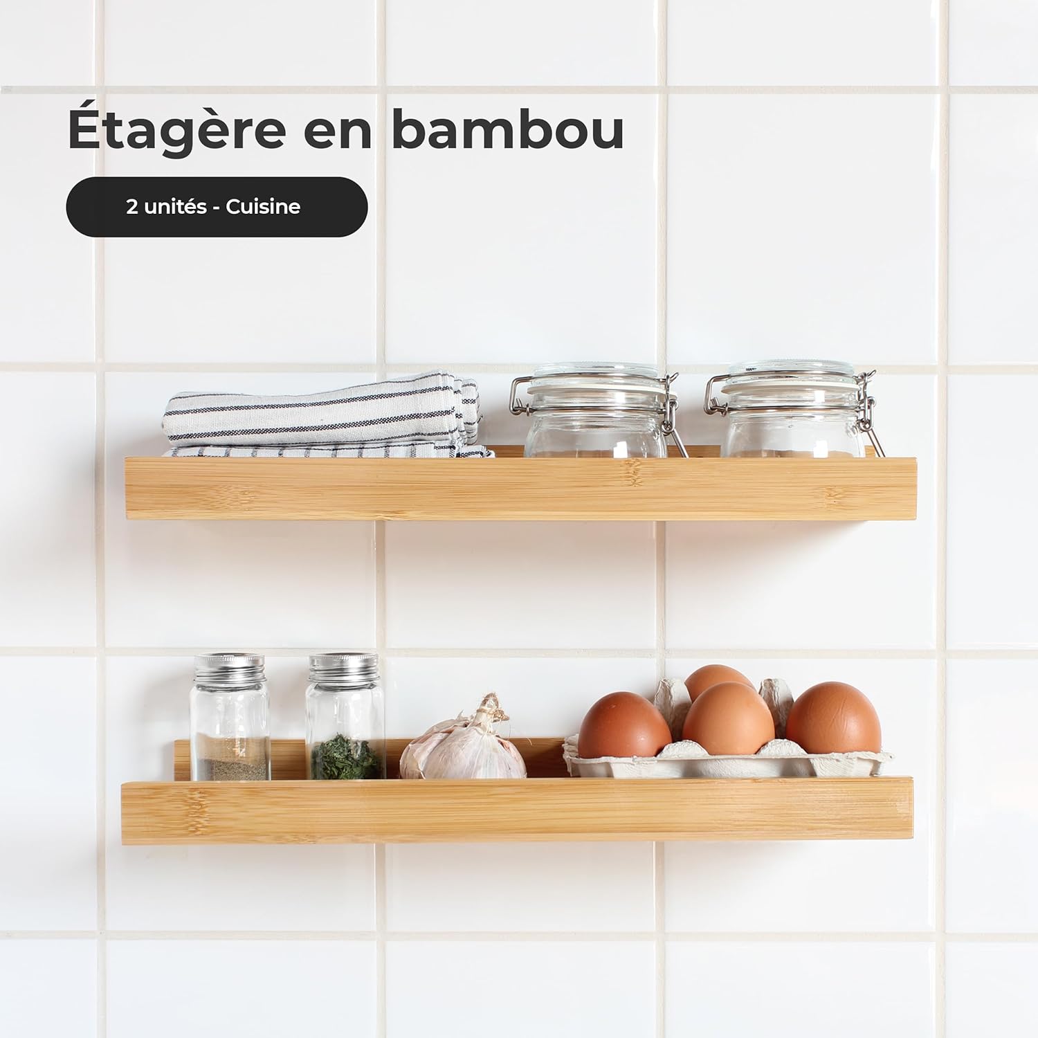 Étagère Salle de Bain en Bois - murale - bambou - adhésive, 2 unités