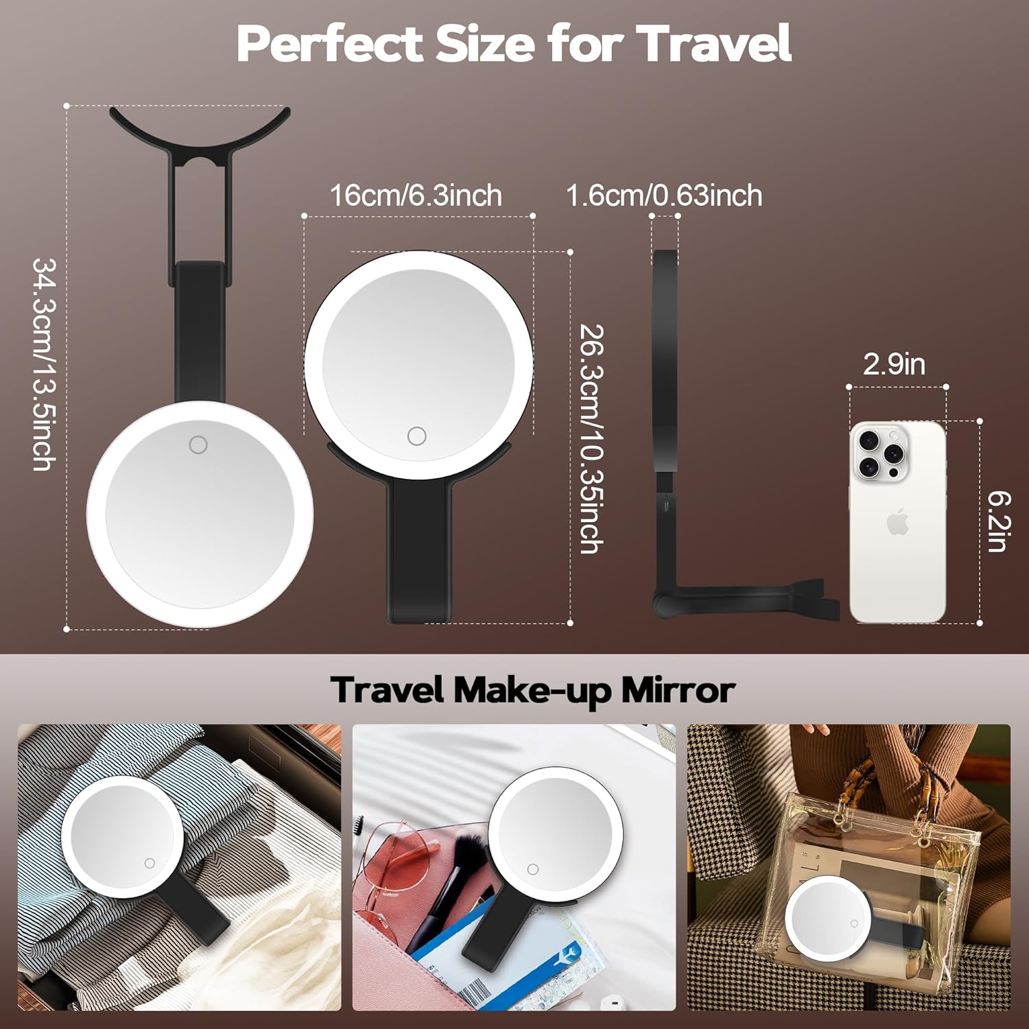 B Beauty Planet - miroir maquillage double face 30X/1X - lumière réglable & pince - pliable, noir