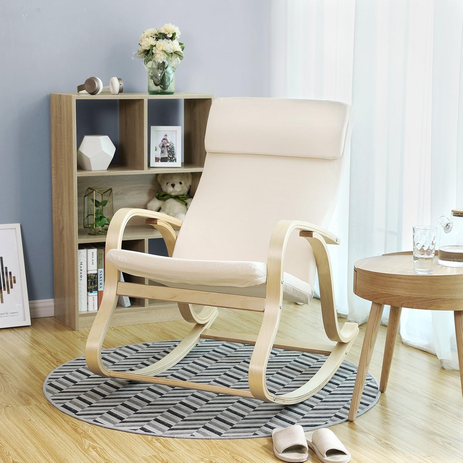 SONGMICS - fauteuil à bascule, imitation lin, 120kg, accoudoirs bois, LYY30M