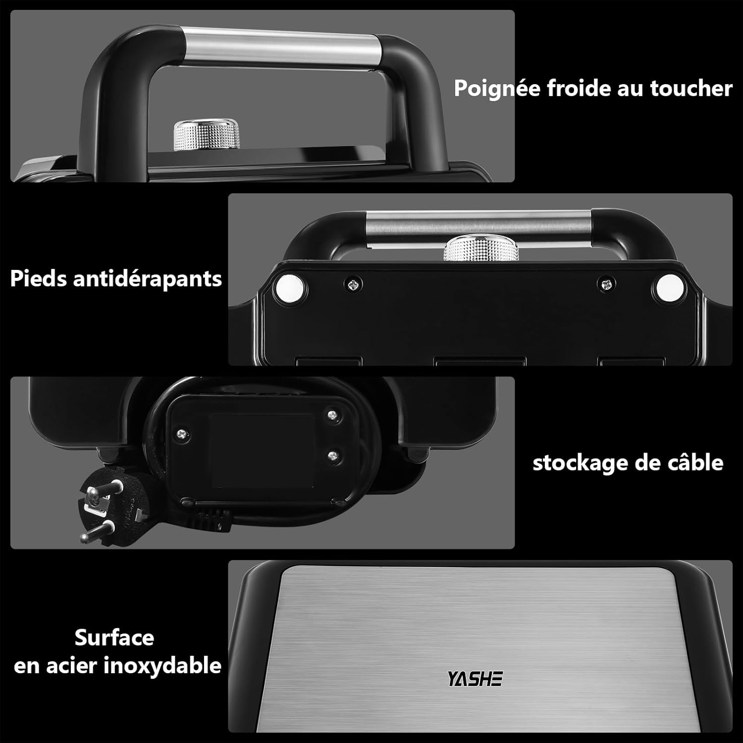 YASHE - Gaufrier 4 tranches - ajustement dorure, 1200W, antiadhésif