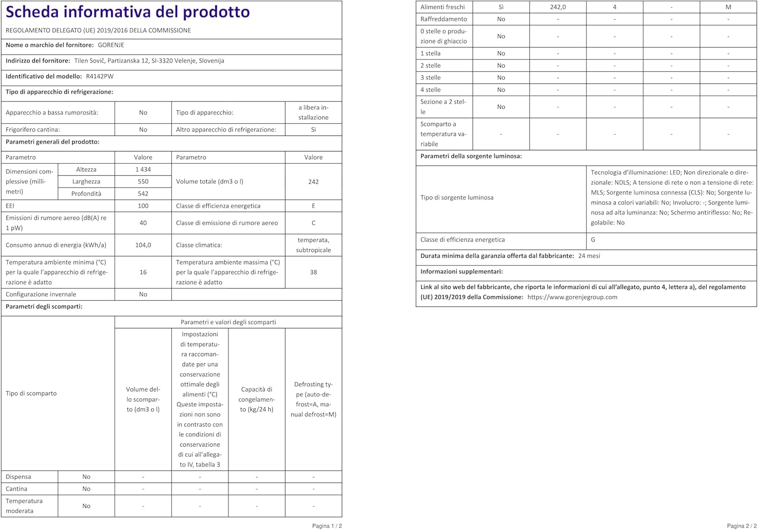 Gorenje - R4142PW - 242 L Autoportant, classe E, couleur blanche, R4142PW