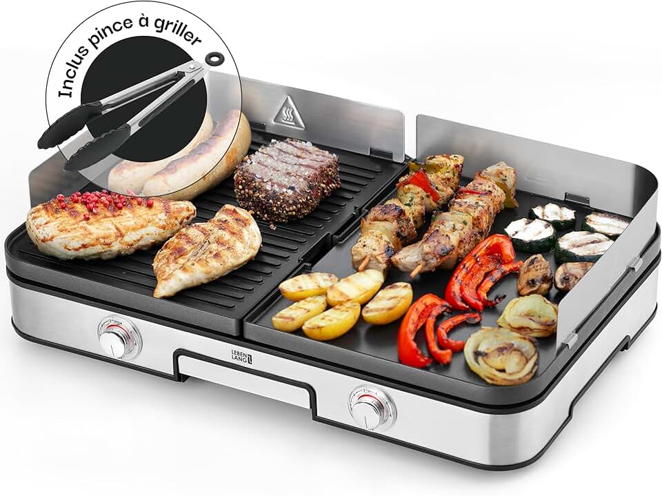 LEBENLANG - Plancha électrique inox XXL - 2400W, usage intérieur/extérieur, protection éclaboussures, pince incluse - LE
