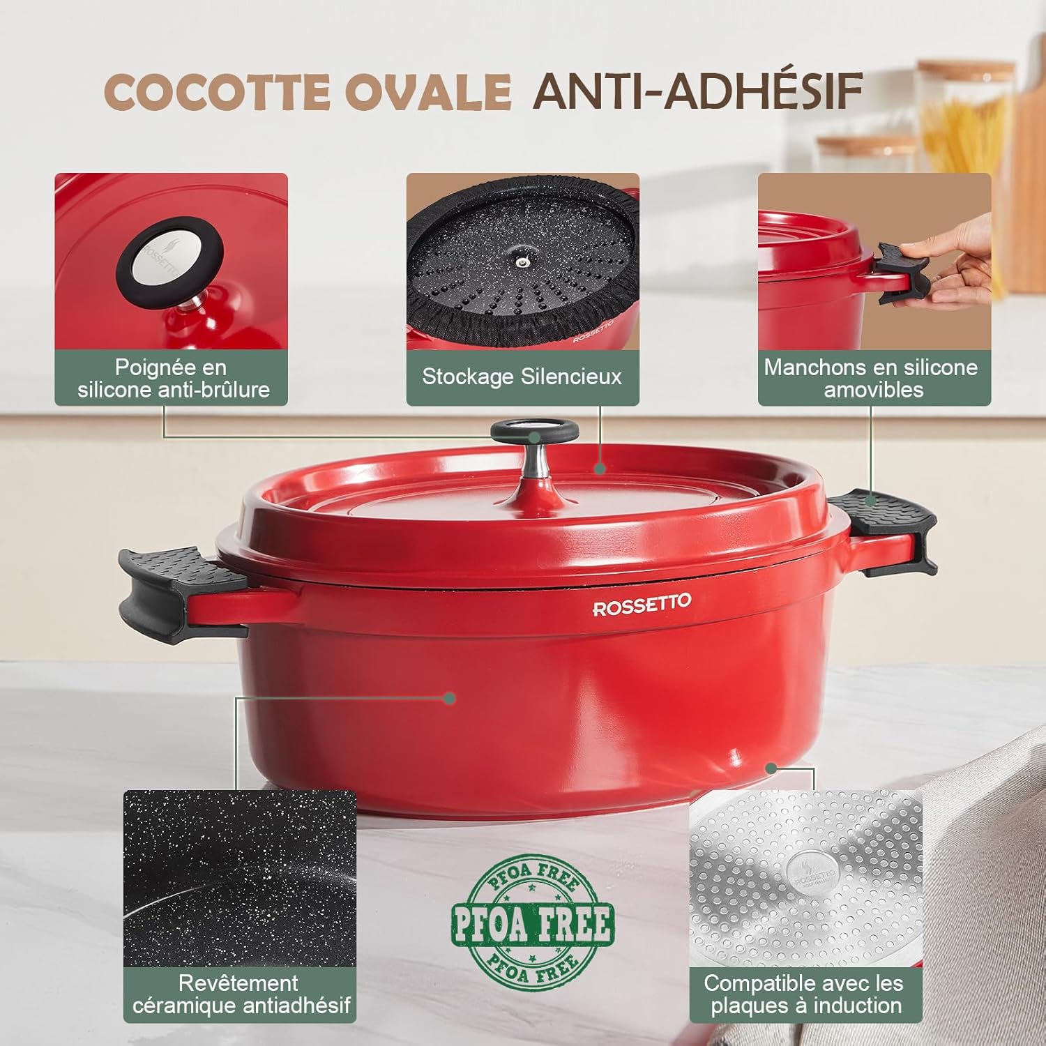 ROSSETTO - Cocotte Ovale série 10,6L - 38CM - fonte d'aluminium, céramique, induction et four, Rouge