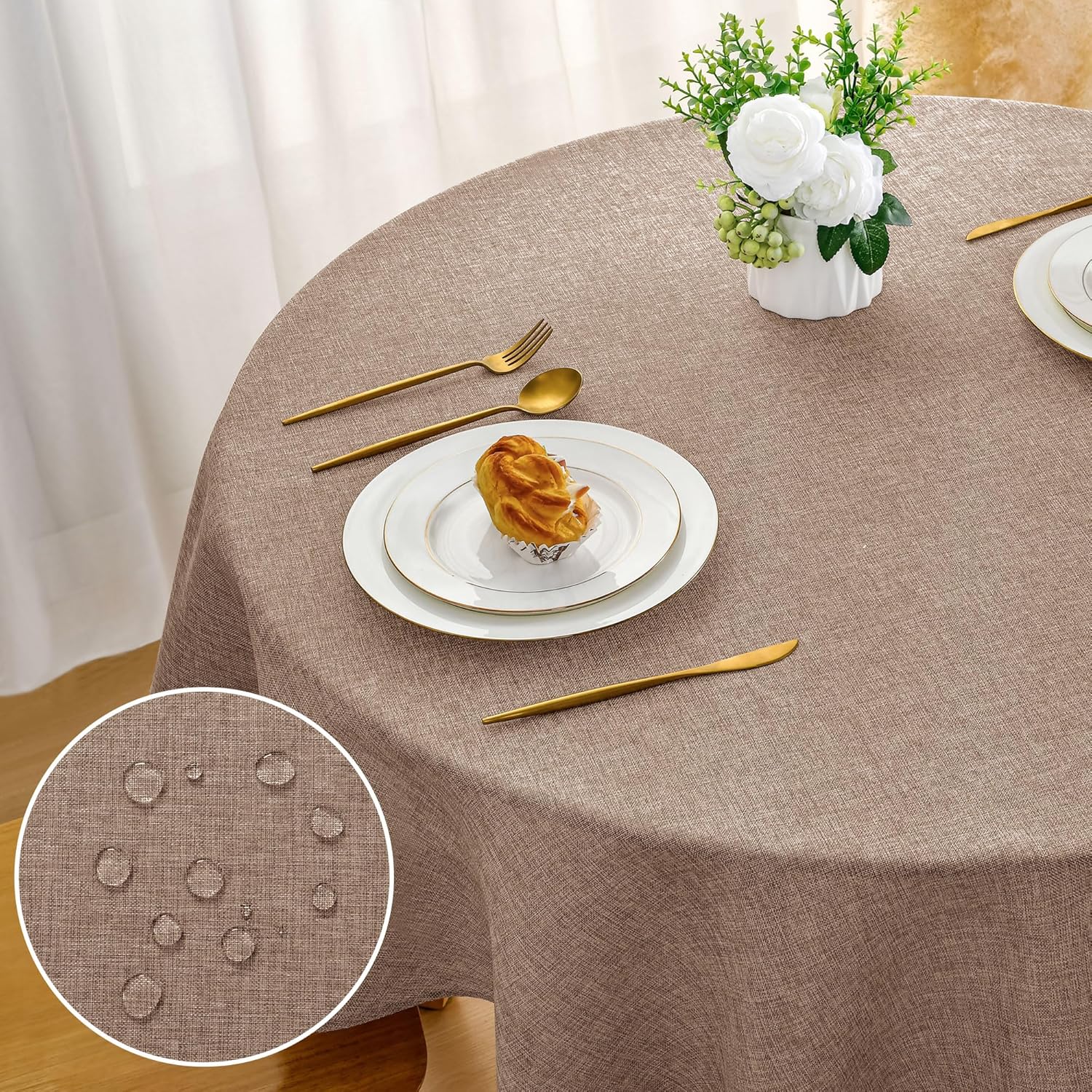 DWCN - nappe ronde effet lin 160 cm, imperméable, lavable, kaki DWCN