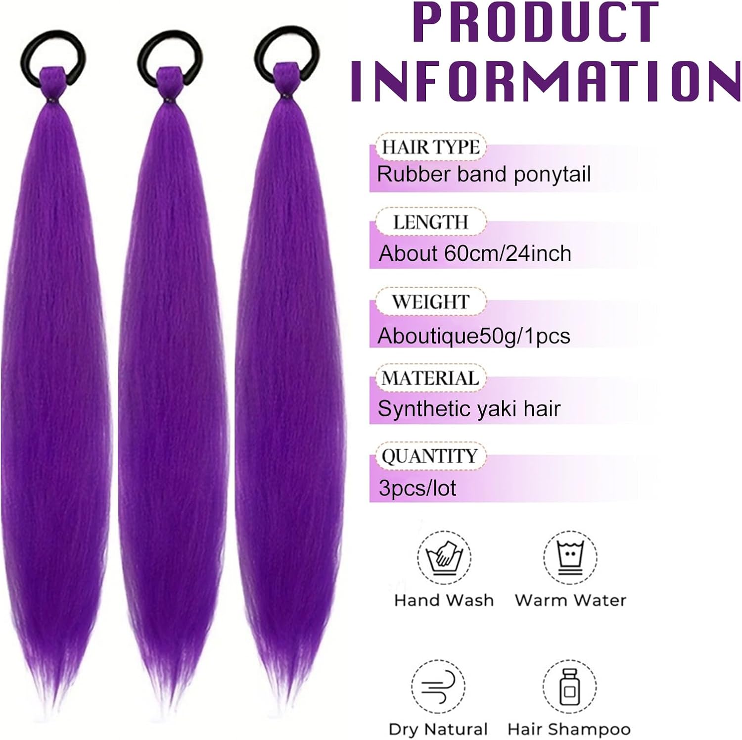 Perruque enfant - 3 pièces - 60cm - violet, élastique, cosplay, adulte