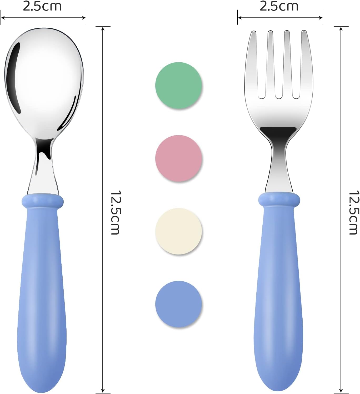 Couverts enfants inox - 8 pièces - poignée ronde, 4 couleurs