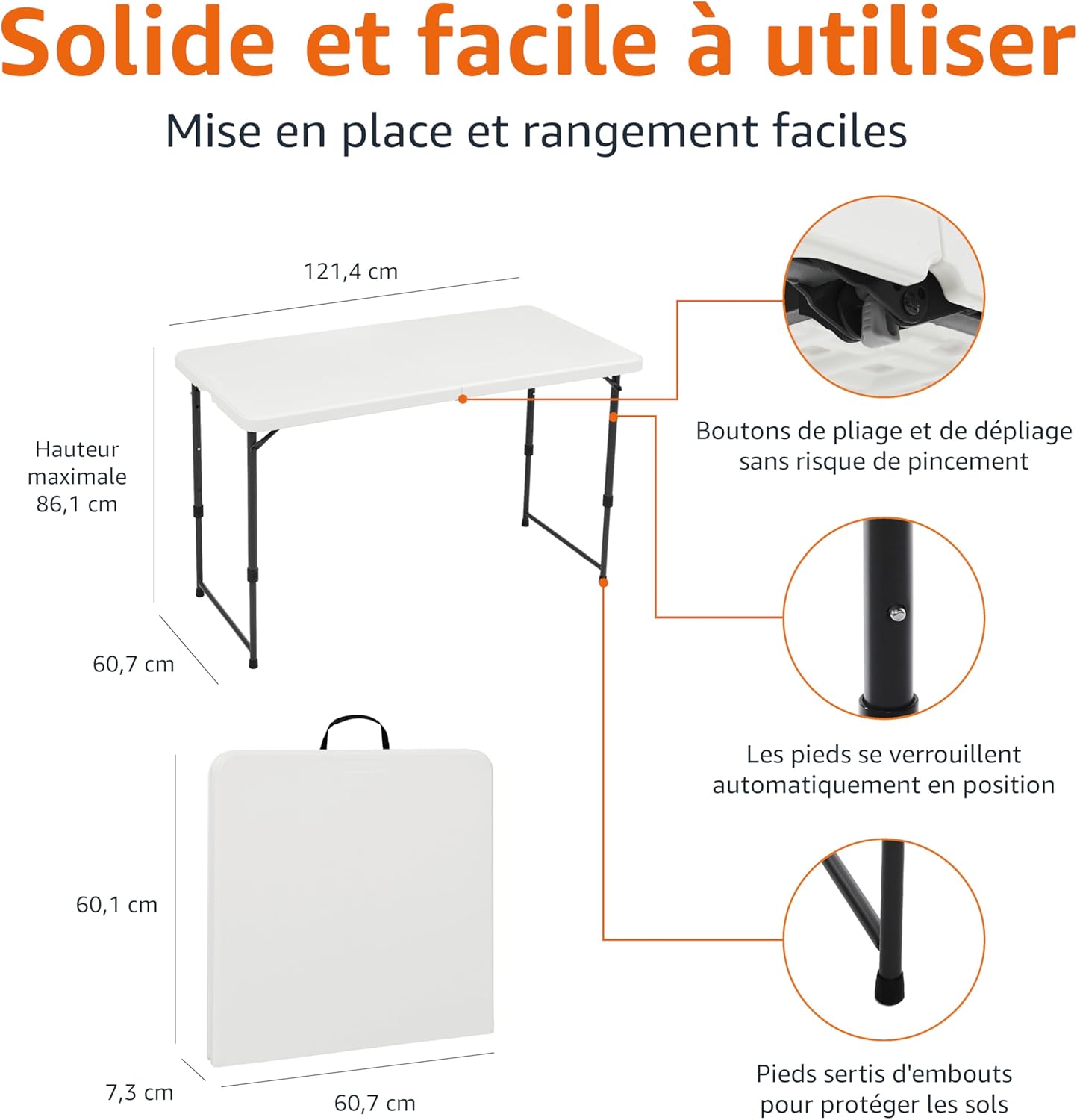 Amazon Basics - Table pliante rectangulaire - 121x61x86 cm - 4 hauteurs réglables, poignée, légère