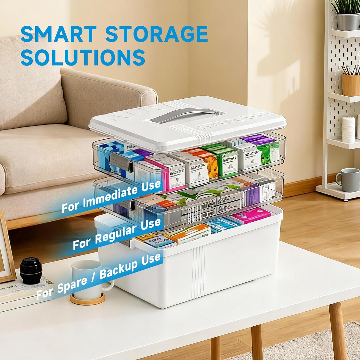 Starward - Boîte pharmacie 3 étages, plateau amovible, petit pots, blanc