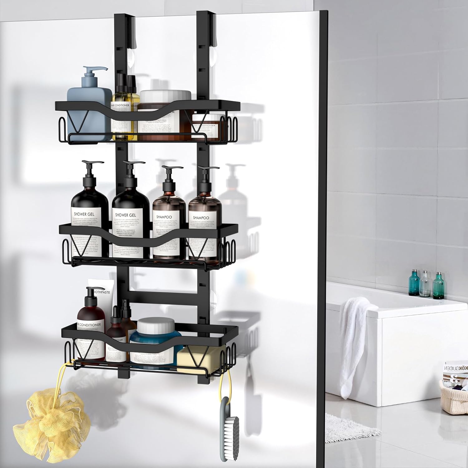 Étagère de douche suspendue - 3 paniers réglables - noir - sans perçage