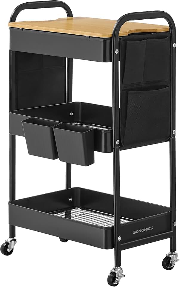 SONGMICS - chariot 3 niveaux avec table, pots et poches, noir - LRC036B01