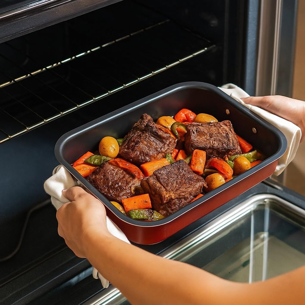 Menax - Plat à four set 3 pièces - poignées - revêtement antiadhésif