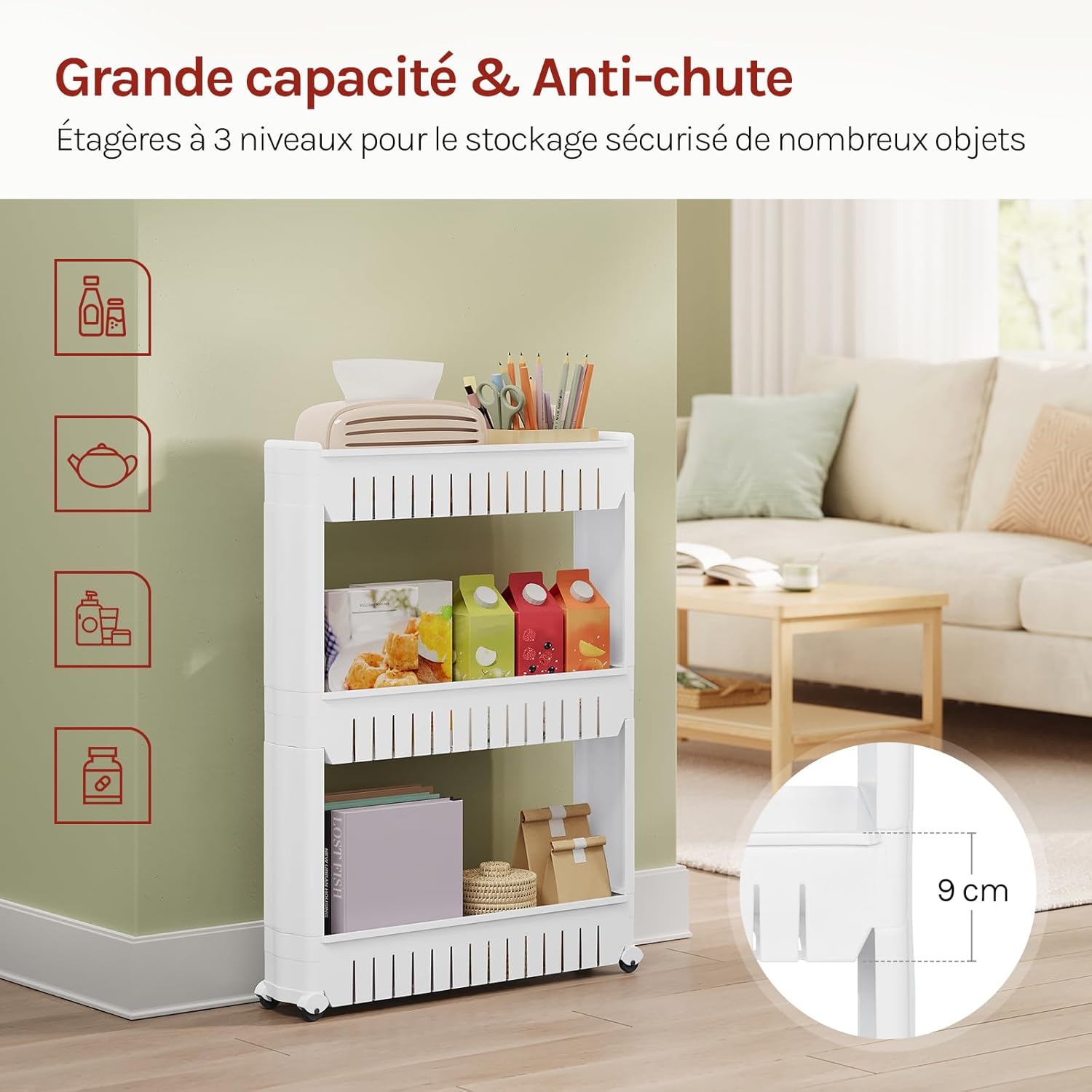 WOLTU - étagère de niche roulante 3 compartiments, blanc, compacte