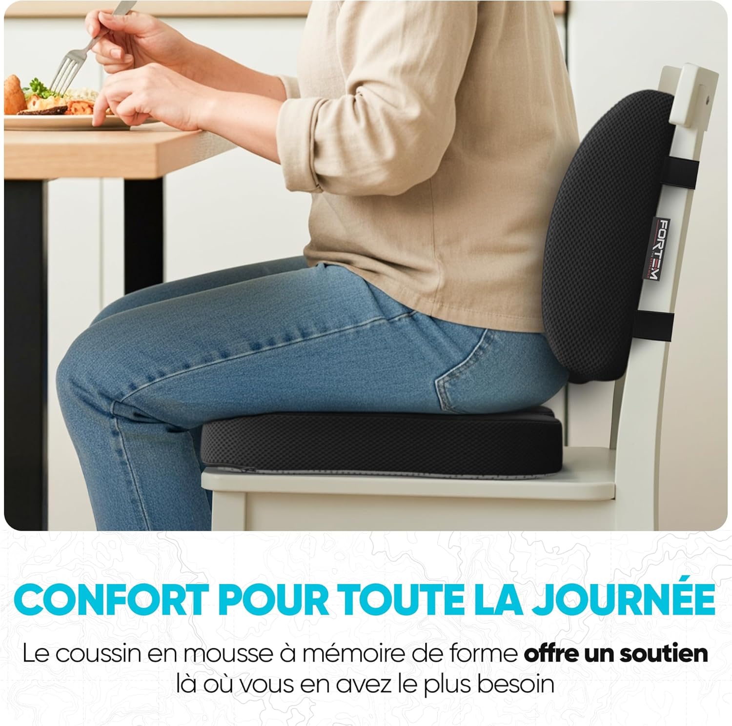 FORTEM - coussin lombaire et assise - mousse mémoire - soutien dos, antidérapant, confort chaise