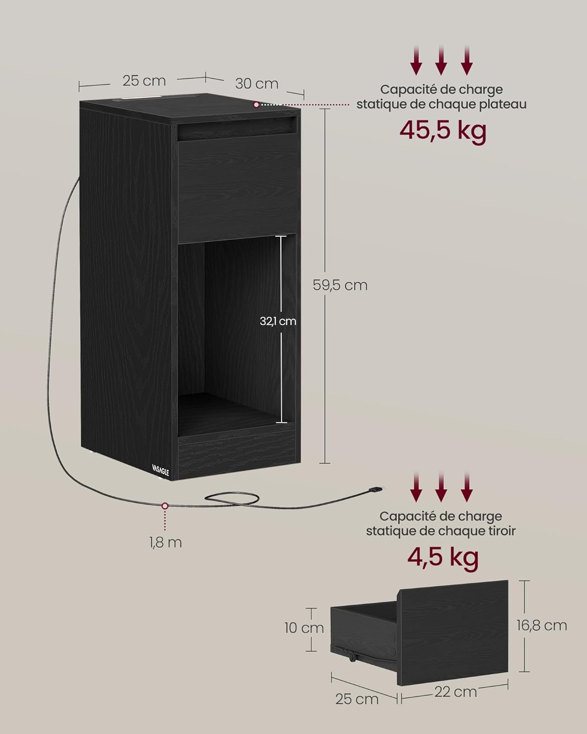 VASAGLE - lot de 2 tables de chevet LED, ports USB, tiroirs, LET710B01