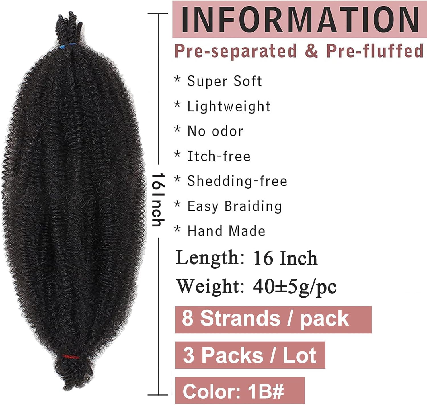 Xtrend - Soft Springy Afro Twist - 16 pouces - 3 packs, cheveux prérépartis, synthétiques, spécial faux locs, 1B#