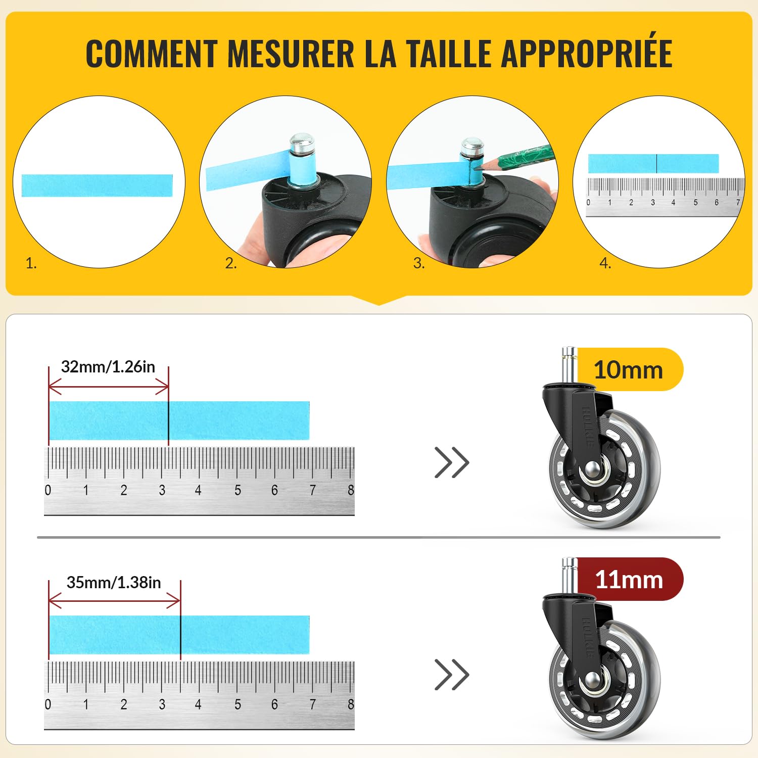 HOLKIE - roulettes chaise bureau - 11x22mm - caoutchouc robustes pour sols durs et tapis