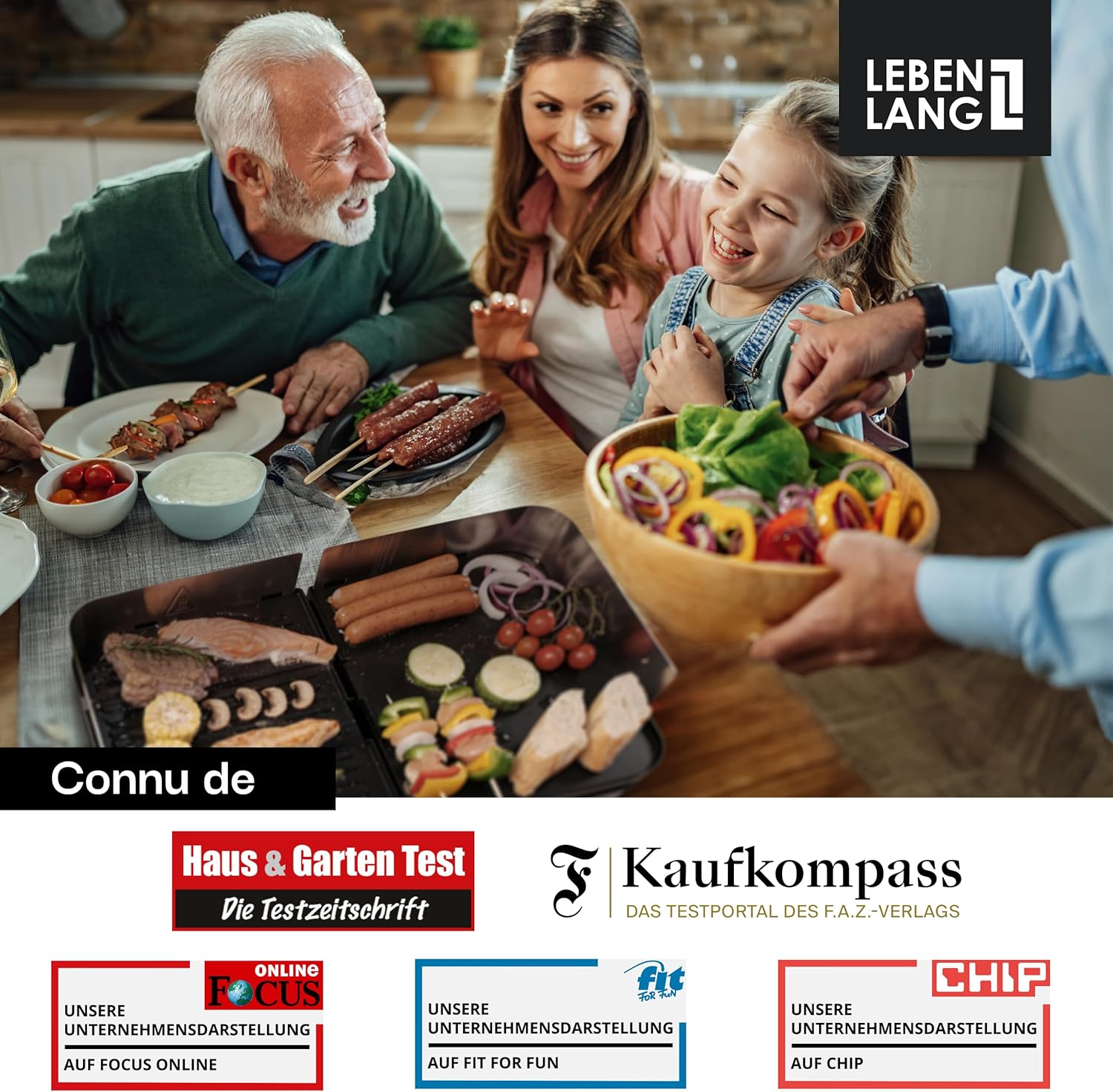 LEBENLANG - Plancha électrique inox XXL - 2400W, usage intérieur/extérieur, protection éclaboussures, pince incluse - LE