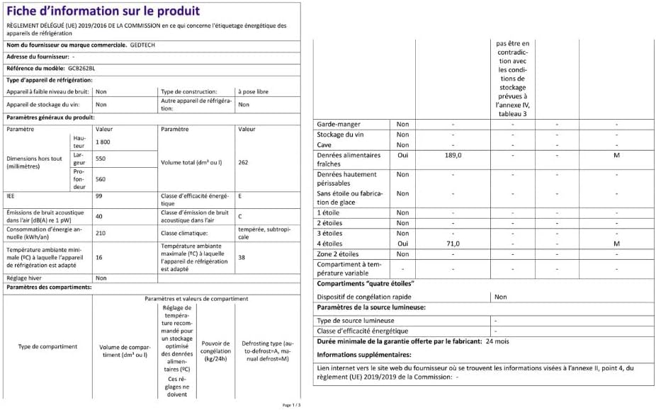 GEDTECH - réfrigérateur combiné 262L, congélateur bas, classe E, GCB262BL