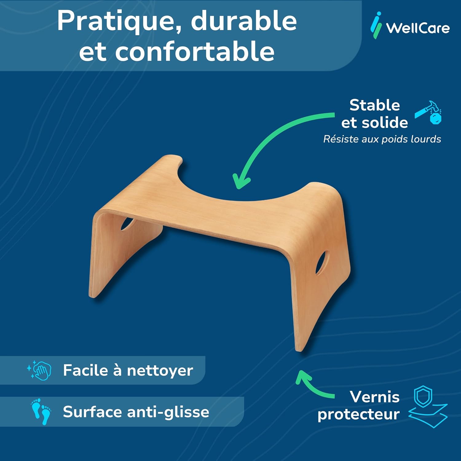 Well Care - Tabouret physiologique bois verni - adulte - compact, anti-constipation, fabriqué France