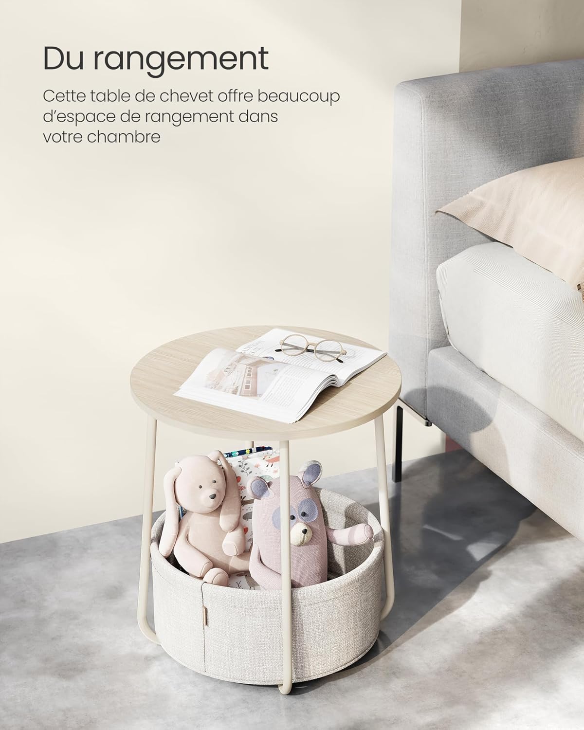 VASAGLE - Table basse ronde moderne, avec panier tissu, beige, LET223K67