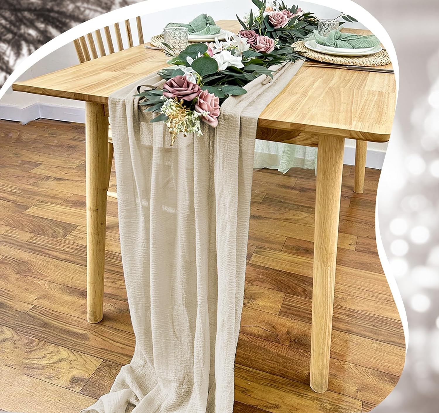 Chemin de table étamine beige – 80x300 cm – gaze transparente bohème