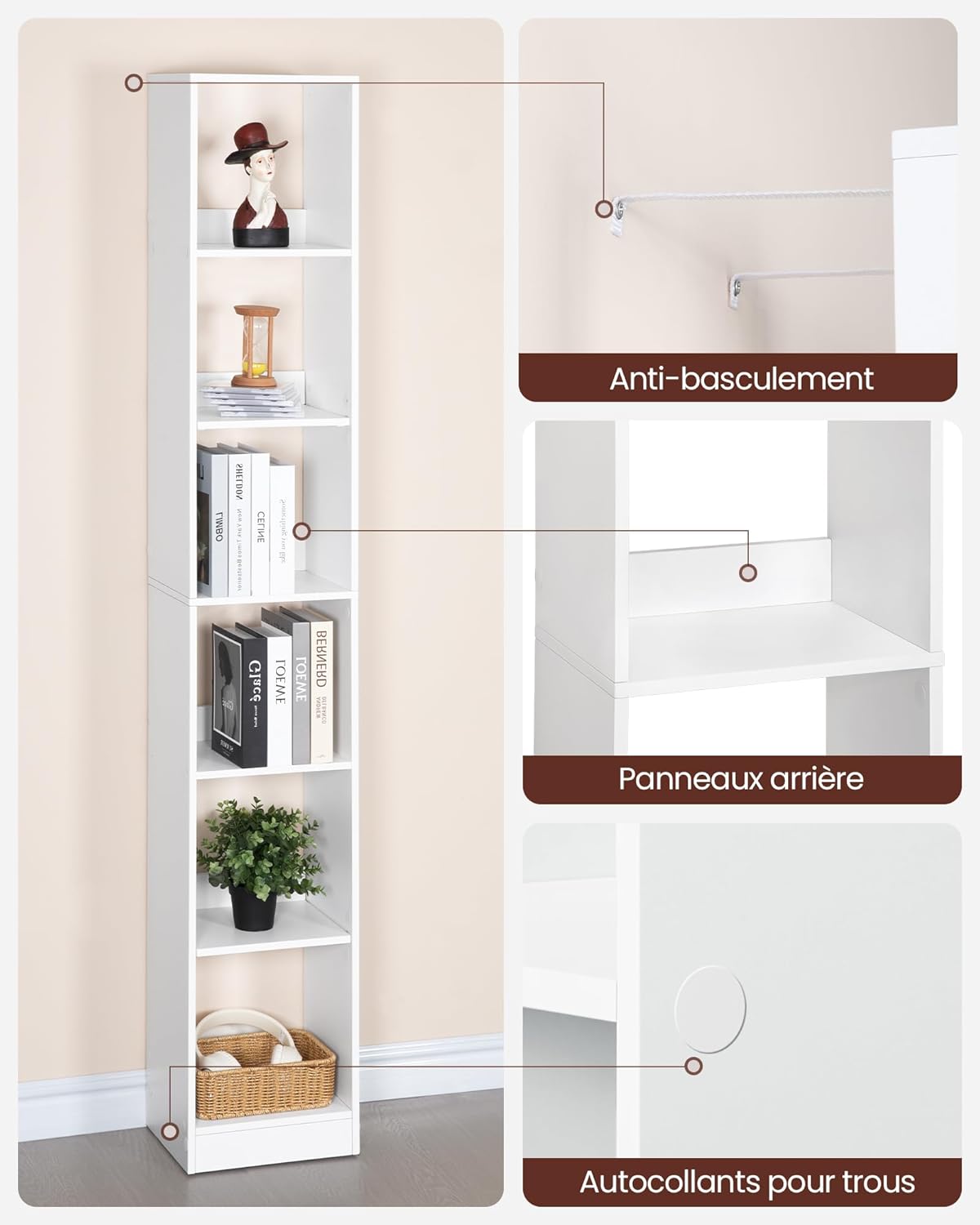 Hzuaneri - étagère scandinave, 24x30x184,4cm, blanc BC09603X