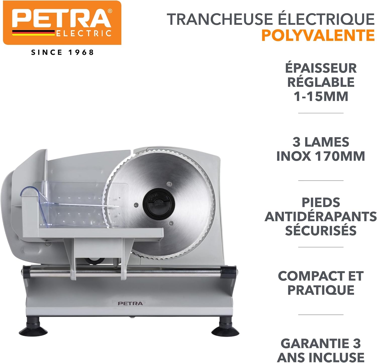 Petra - trancheuse électrique - 170mm, 1-15mm réglable, 3 lames inox