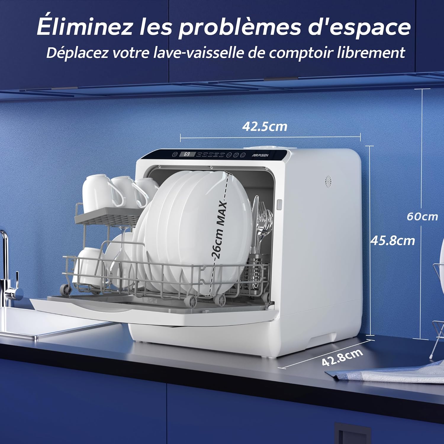 AIRMSEN - Mini lave-vaisselle comptoir, 5L, 6 programmes, écran LED