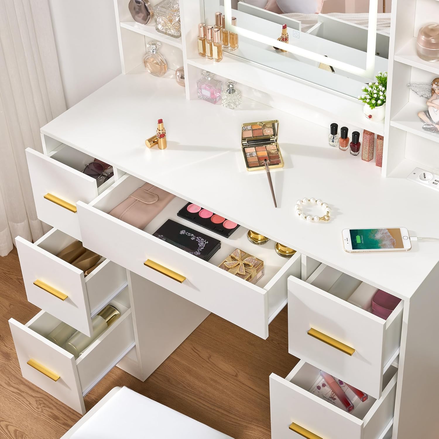 ANWBROAD - Grande coiffeuse LED, 140x100x40cm, 7 tiroirs, miroir, BDT65W