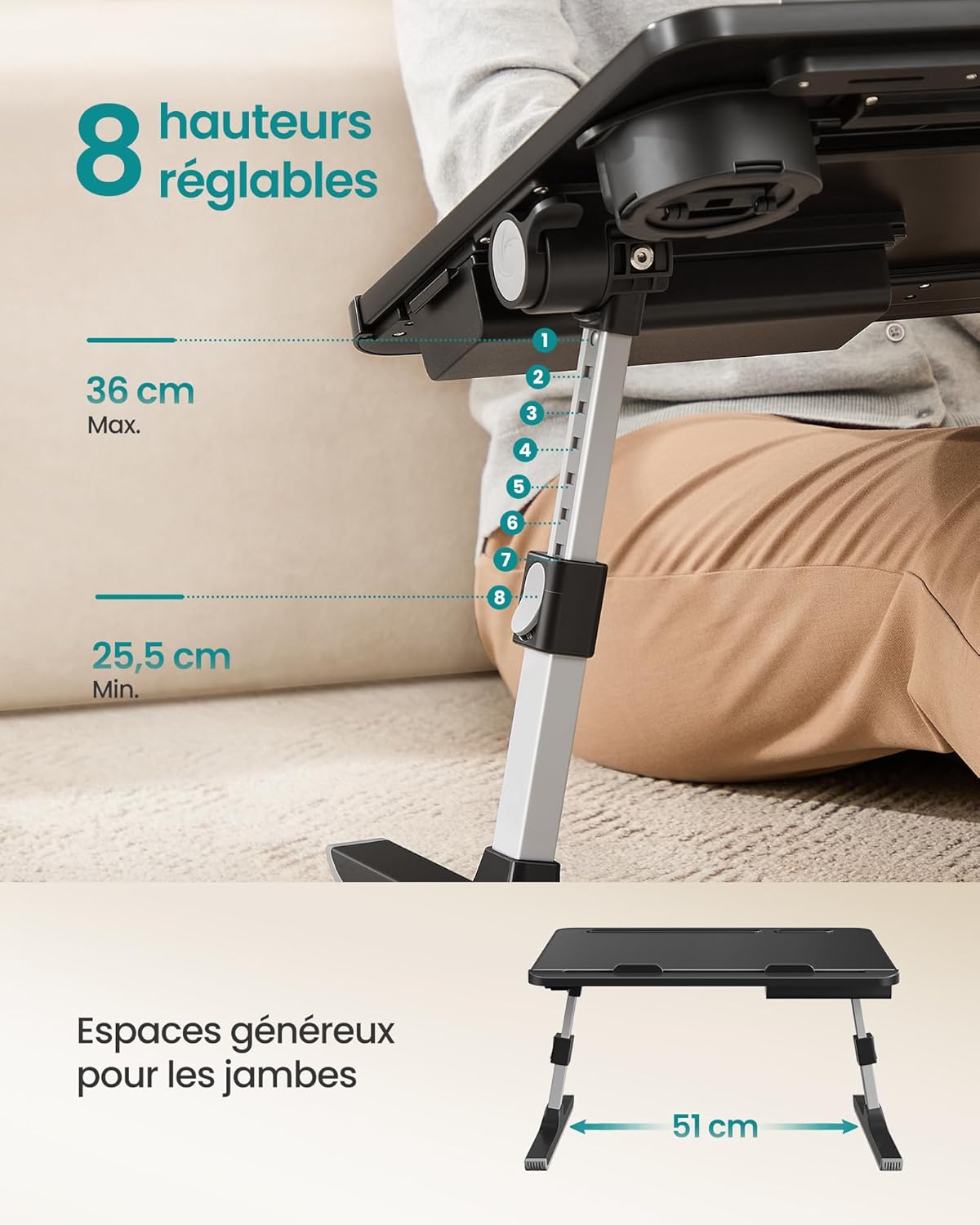 SONGMICS - table de lit pliable 56x40cm, hauteur et inclinaison réglables, porte-gobelet, LLD113BC01