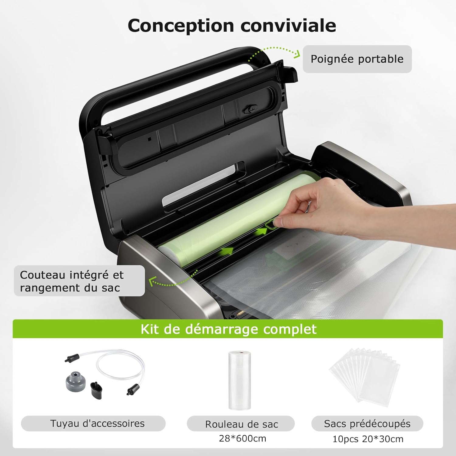 Bonsenkitchen - Machine sous vide série Globefish - compacte, silencieuse, poignée verrouillée, cutter intégré