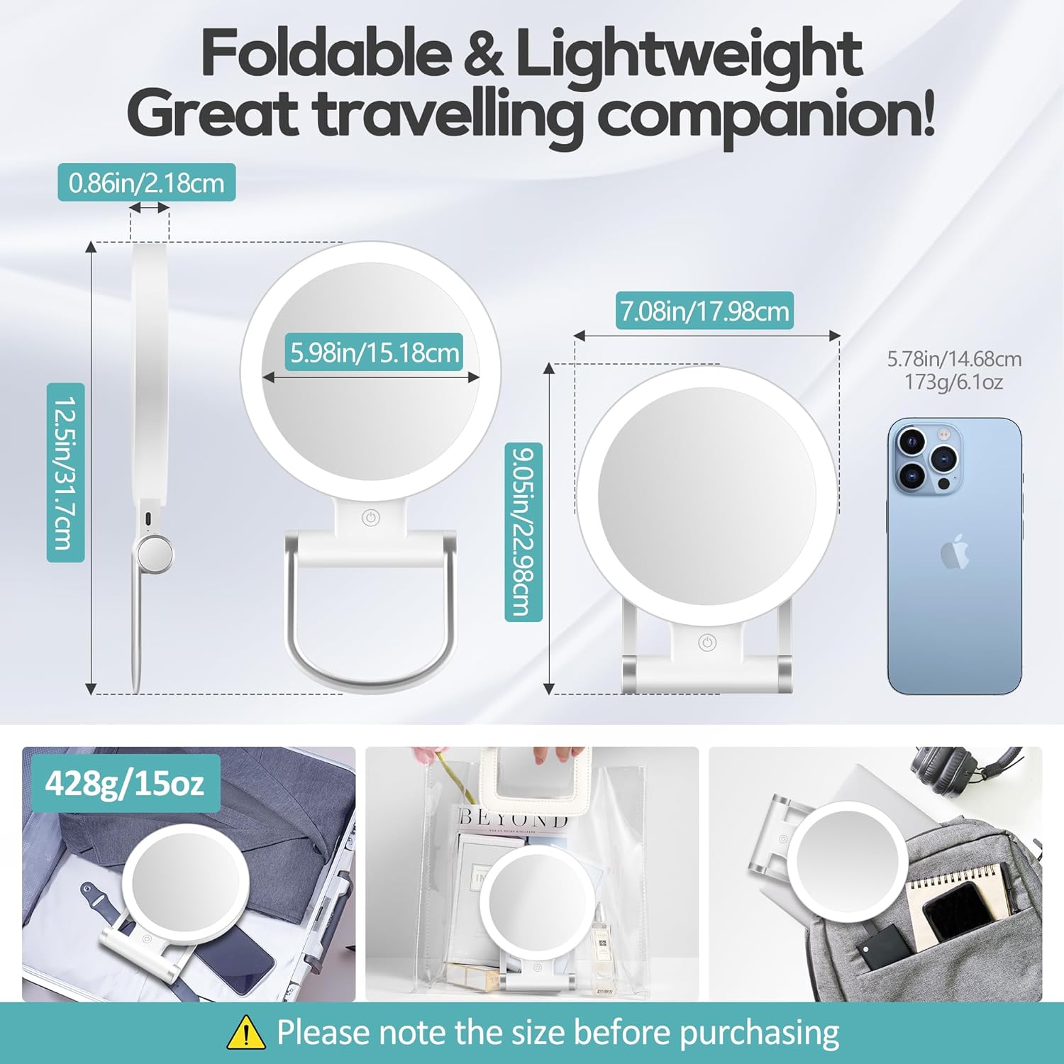 B Beauty Planet - miroir double face, 1X/30X, LED, pliable, 2000mAh